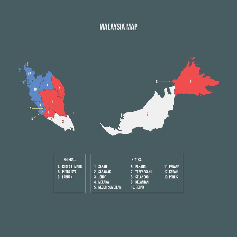 Malaysia Map with 13 States and 3 Federal Territories vector