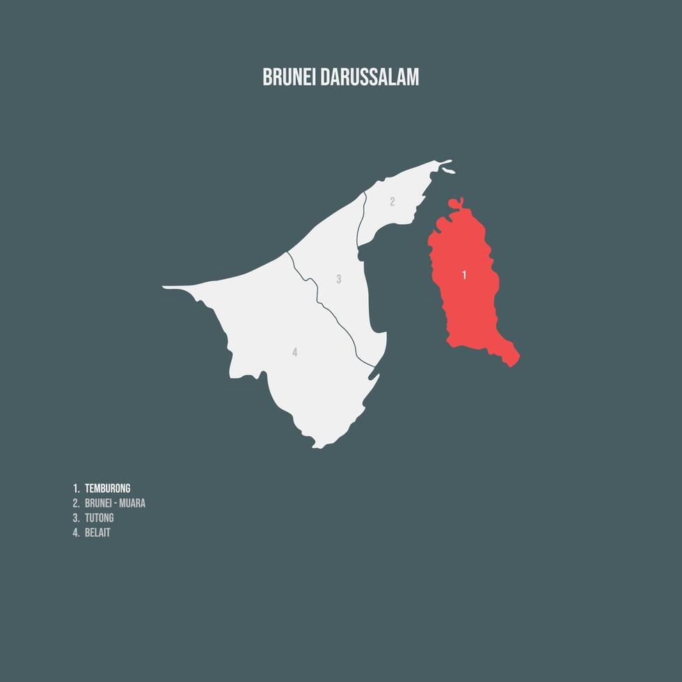 Brunei Darussalam Map with 4 Districts - Temburong vector