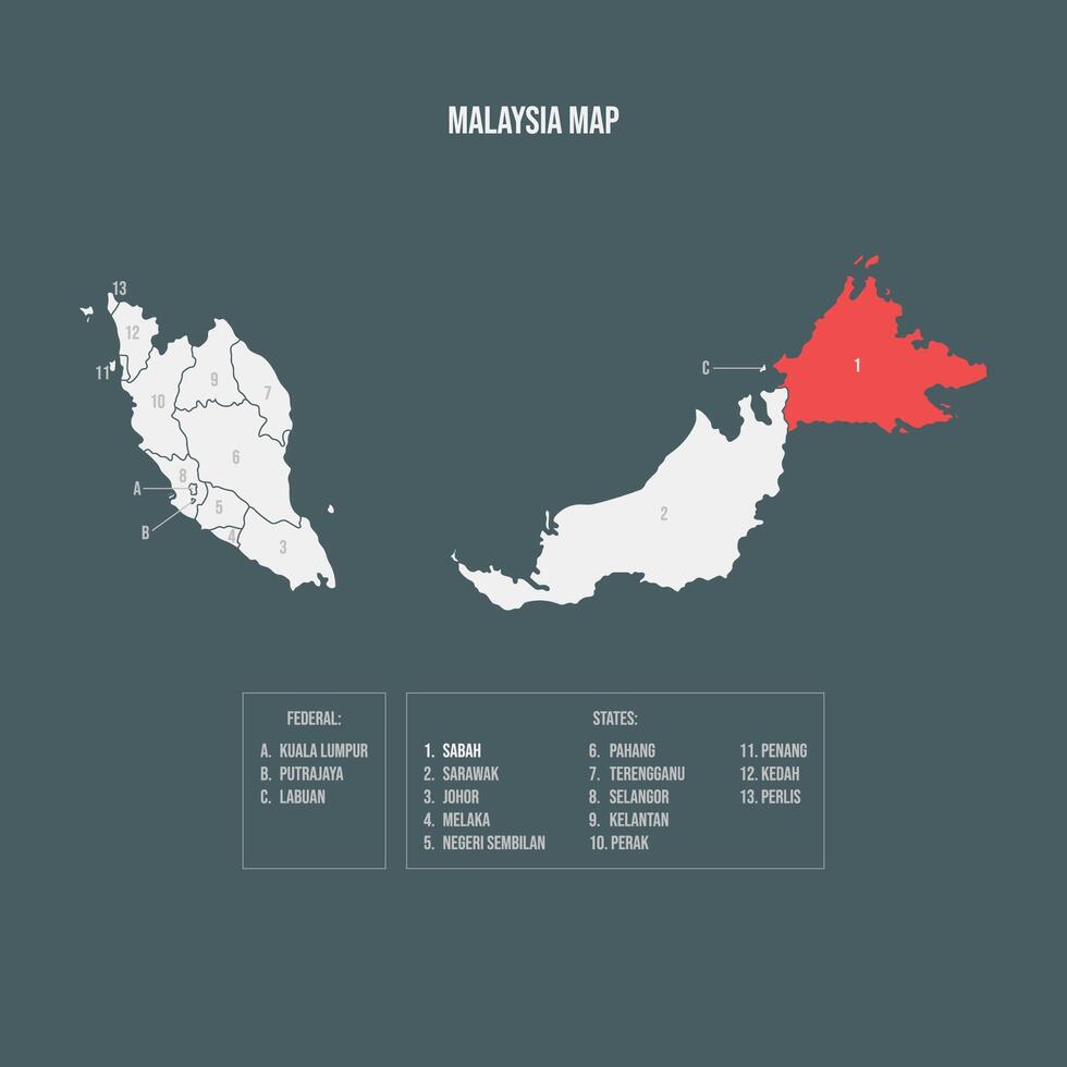 Malaysia Map with 13 States and 3 Federal Territories - Sabah vector