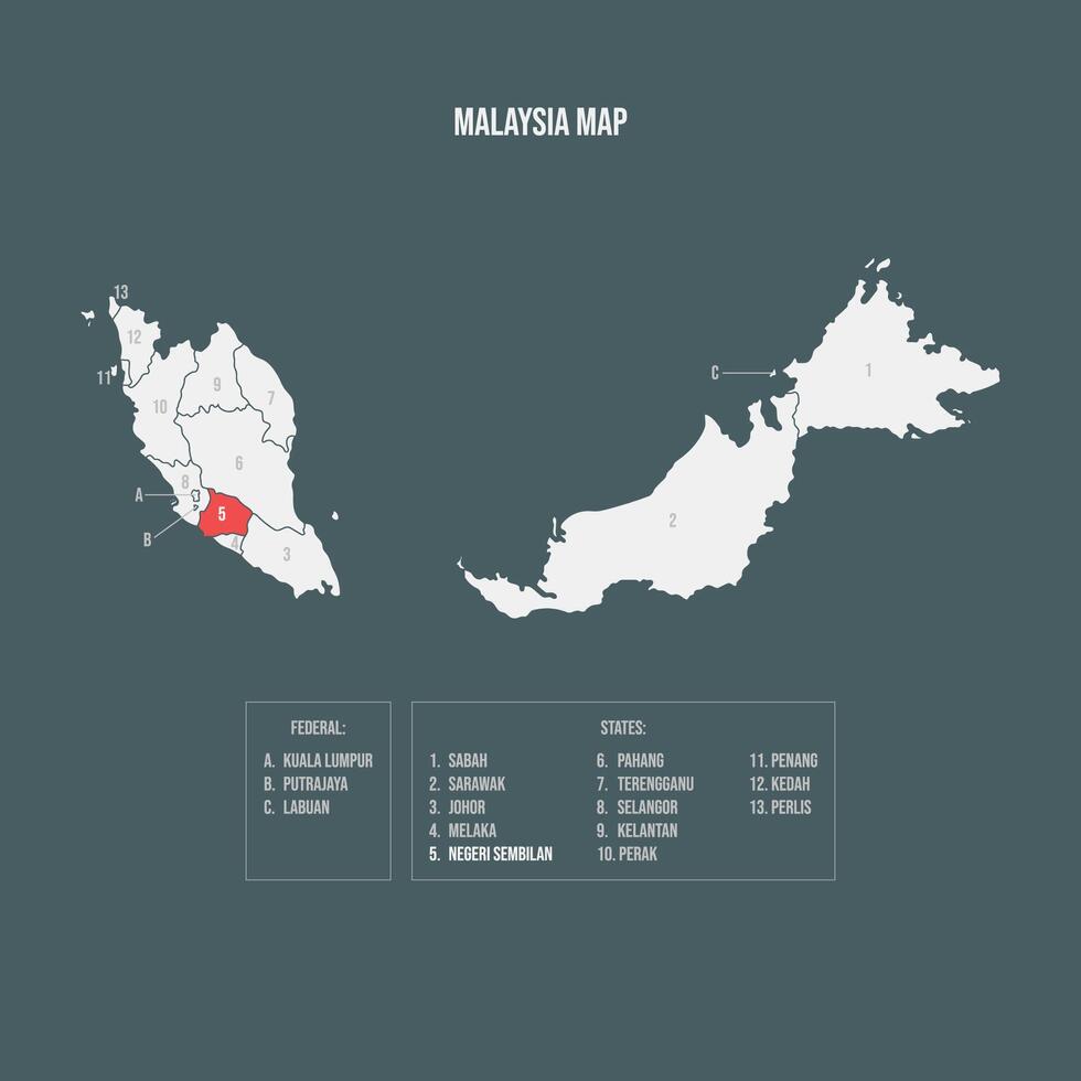 Malaysia Map with 13 States and 3 Federal Territories - Negeri Sembilan vector