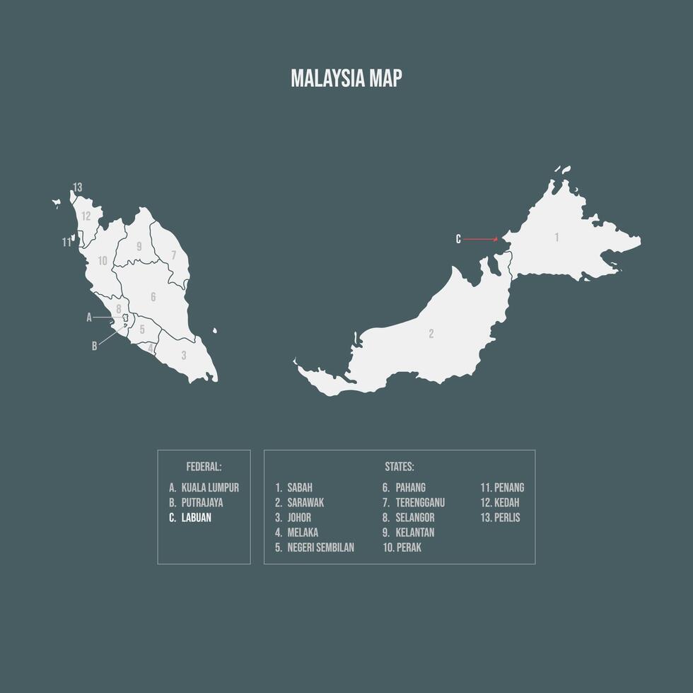 Malaysia Map with 13 States and 3 Federal Territories - Labuan vector