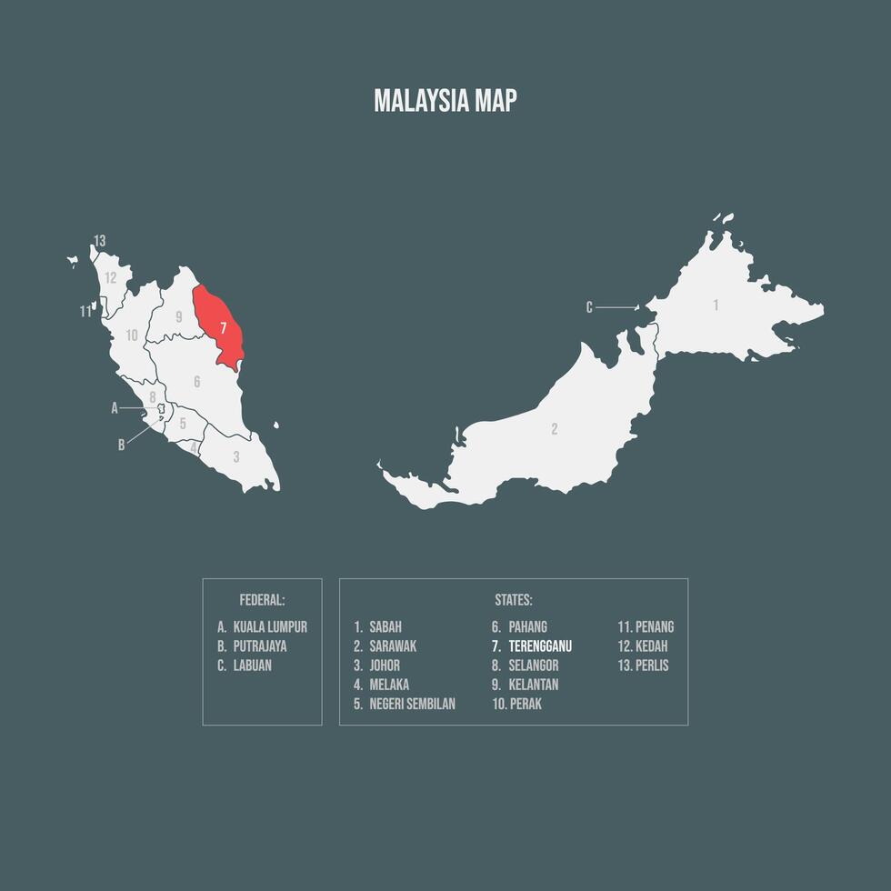 Malaysia Map with 13 States and 3 Federal Territories - Terengganu vector