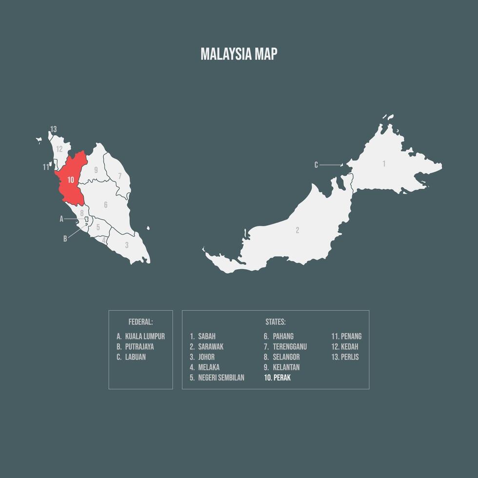 Malaysia Map with 13 States and 3 Federal Territories - Perak vector