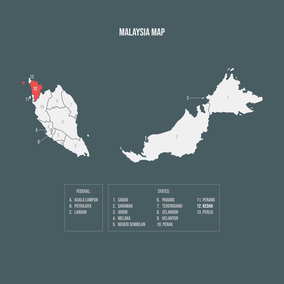 Malaysia Map with 13 States and 3 Federal Territories - Kedah vector
