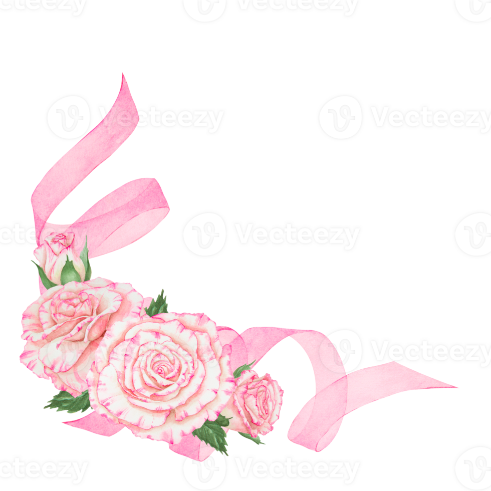 Elegant watercolor pink rose and green leaves floral arrangement with curled ribbon. Isolated clip art, perfect for wedding invitations, greeting cards, romantic designs and botanical decorations png
