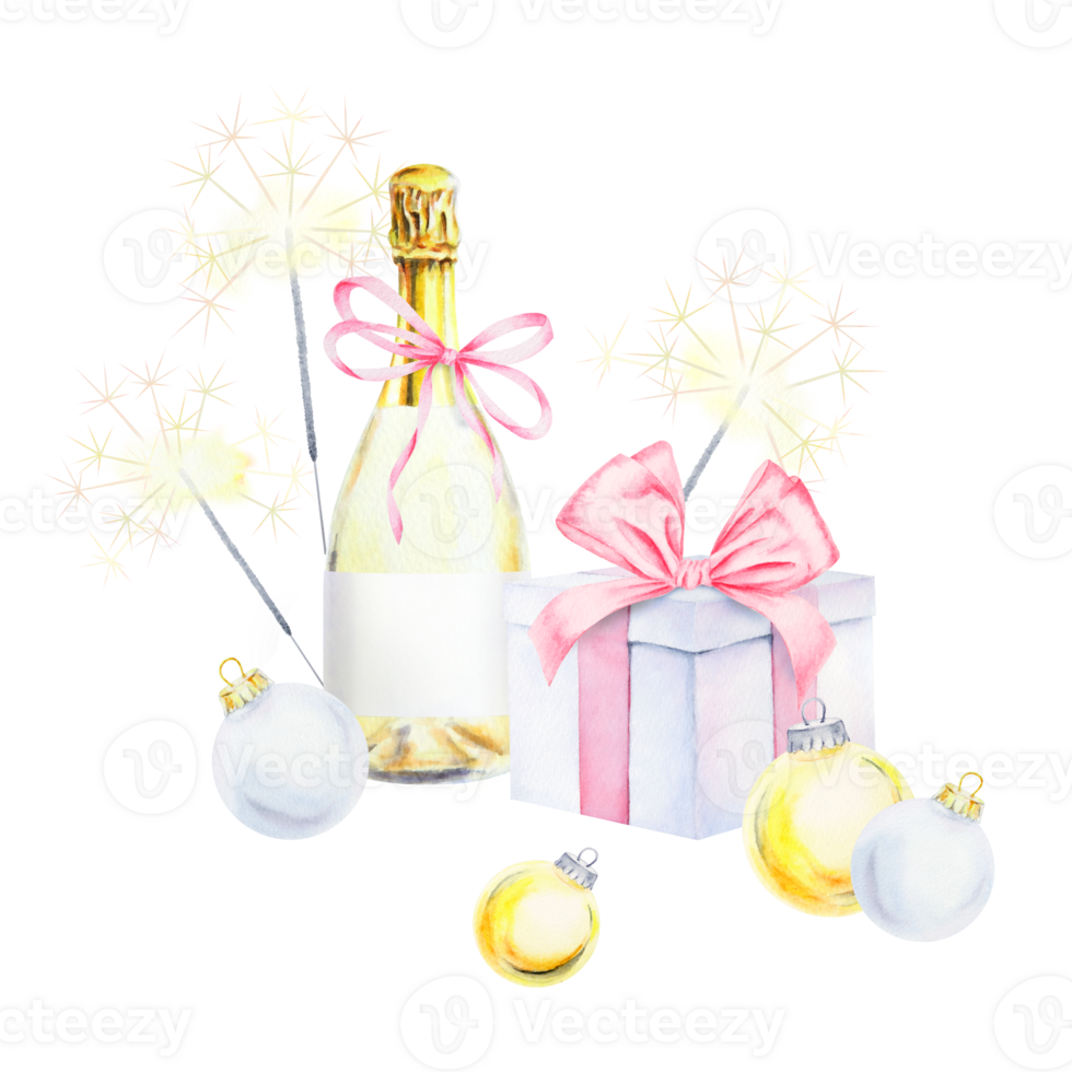 A festive hand draw watercolor clip art featuring a champagne bottle tied with a pink ribbon, a gift box with a bow, sparklers and Christmas ornaments. Perfect for holiday and celebration designs png