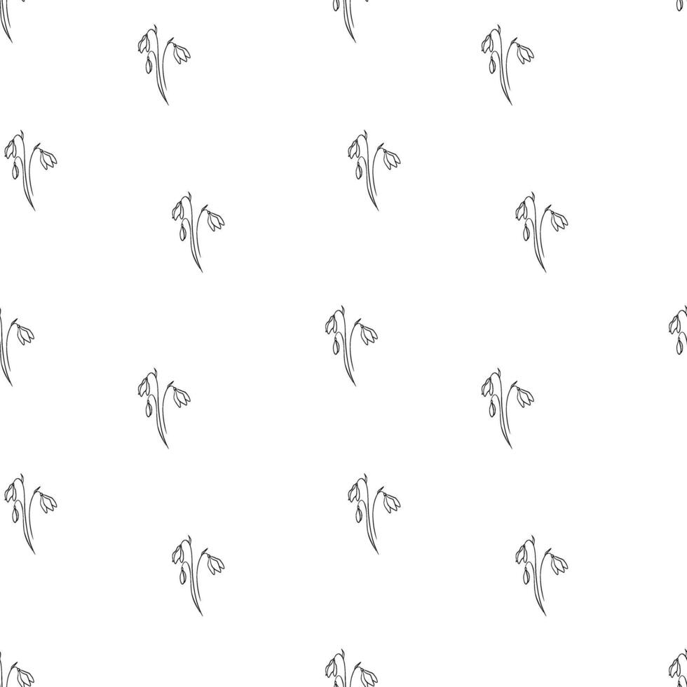 Spring first flower seamless pattern. Snowdrops outline illustration. Hand drawn petal floral element with leaves and blooming. Engraving print for delicate textile, fabric and packaging design vector