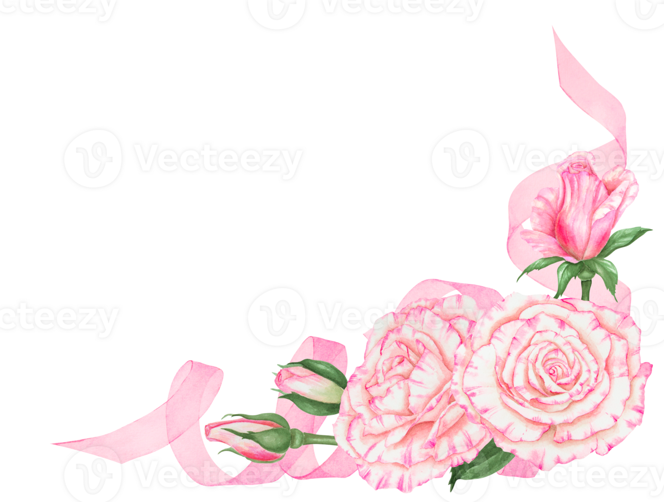 Hand-painted watercolor pink rose floral arrangement with green leaves and ribbon on a transparent background. Ideal for wedding decor, greeting cards and romantic floral compositions. png