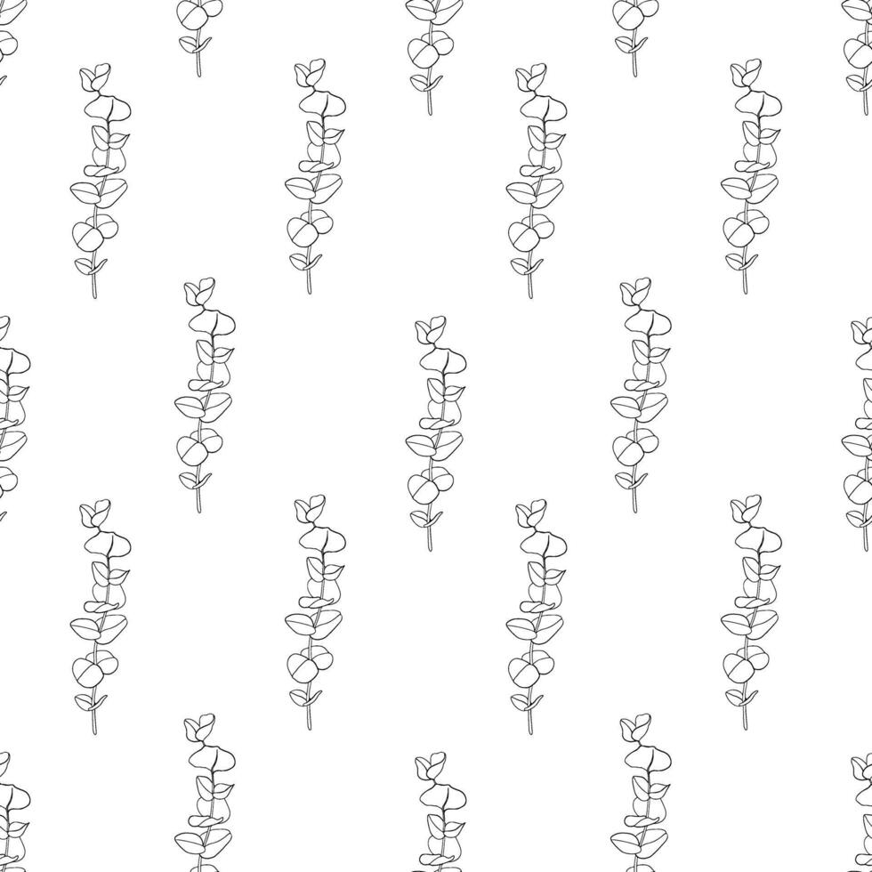 Seamless pattern of eucalyptus. Hand drawn branches illustration in monochrome painted black inks. Outline print for fabric, textile, wallpaper, packaging. vector