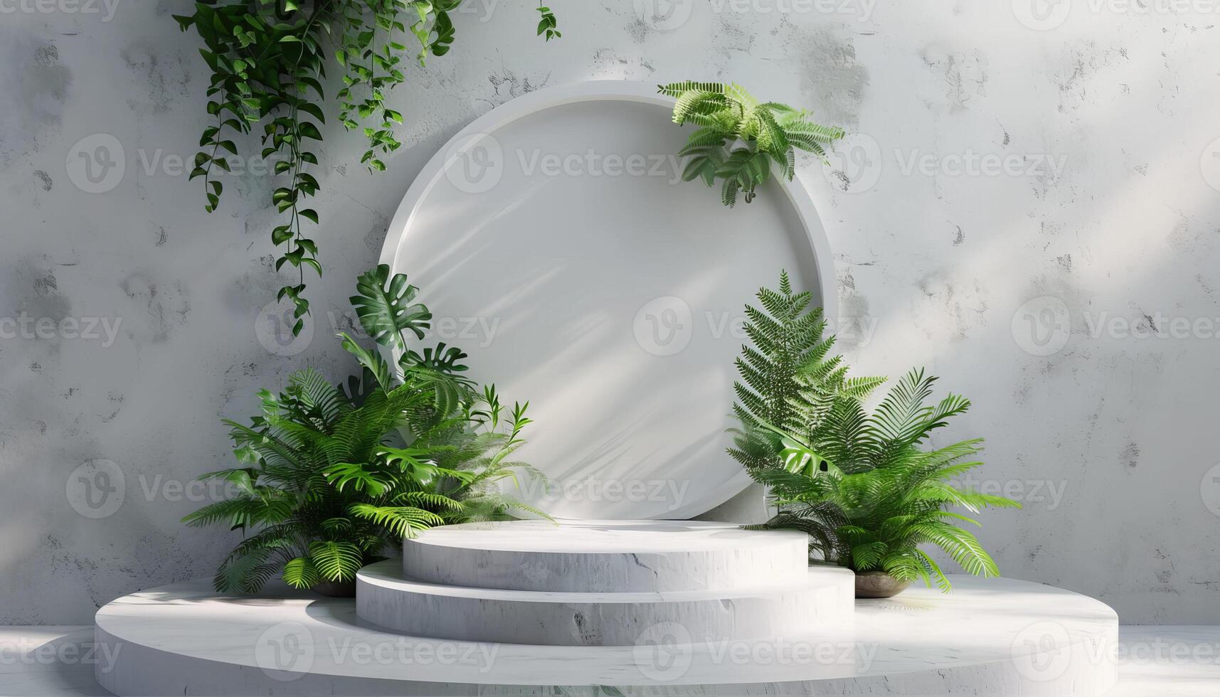 Green pedestal scene. Foliage mockup platform. Tropical showcase podium. Natural stage. Cosmetic minimalism backdrop. Empty round show display template for mock up photo