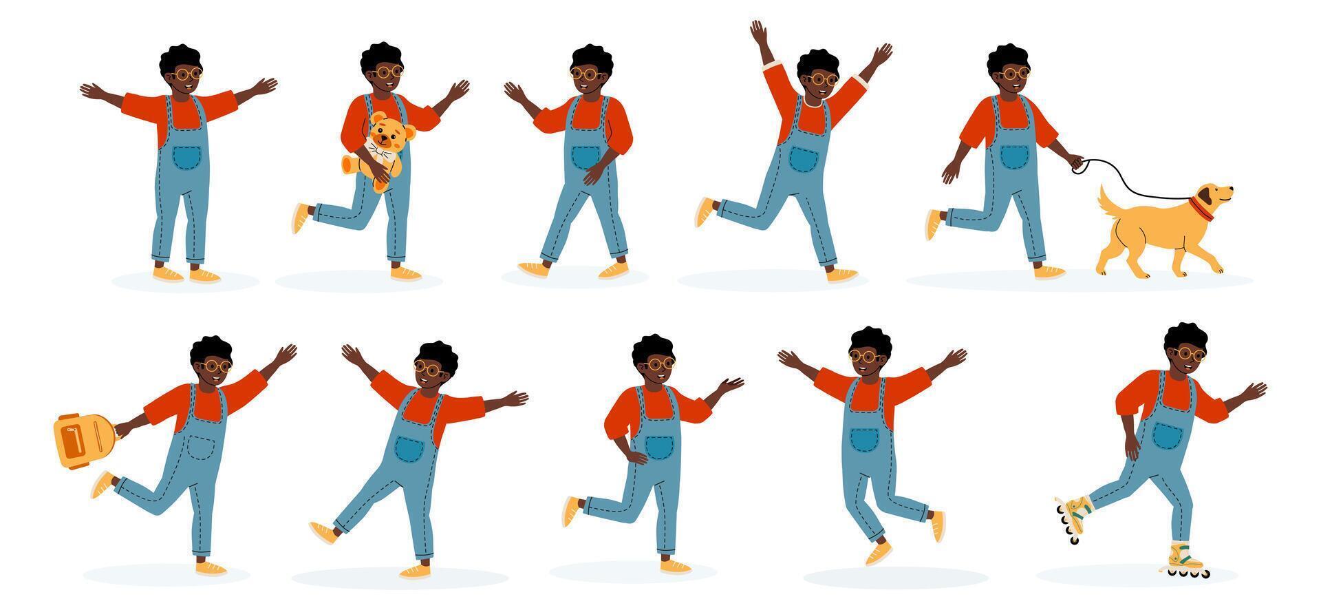 Joyful child engaging in various playful activities in casual attire outdoors vector