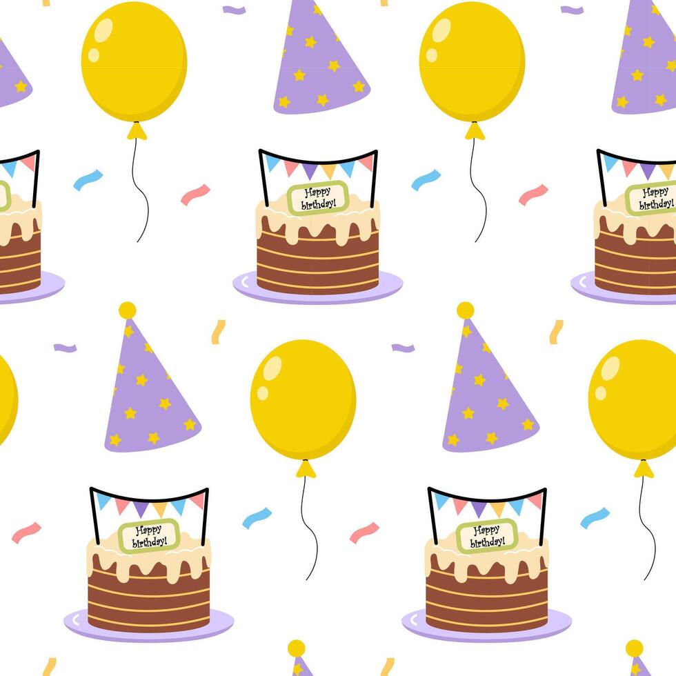Colorful birthday party decorations with cake, balloons, and party hats in festive design vector