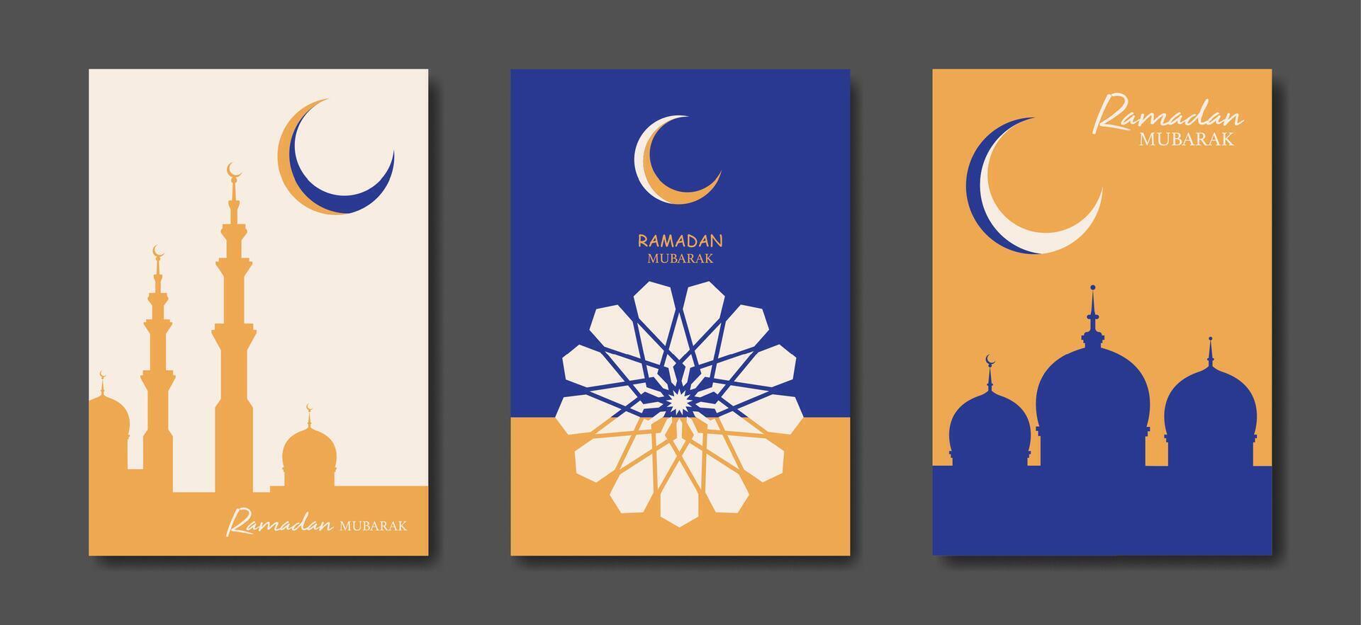 Ramadan Mubarak set colorful card A4. holiday posters with text, islamic symbol, crescent moon and mosque. Concept Muslim religion banner, flyer, party invitation, sale shop, cover vector