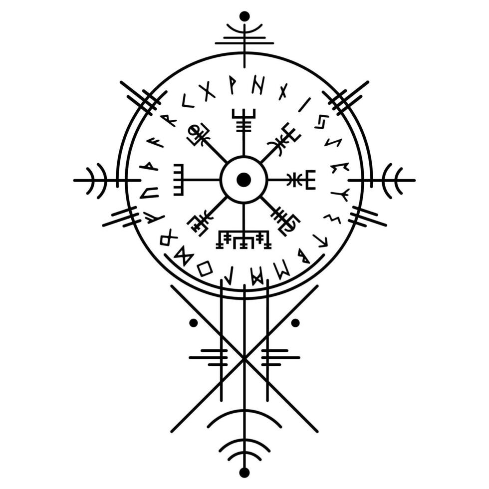 Vegvisir magic navigation compass, ancient viking runic alphabet, used many symbols in accordance to Norse mythology, widely used in Viking society. tattoo, logo icon Wiccan esoteric sign vector