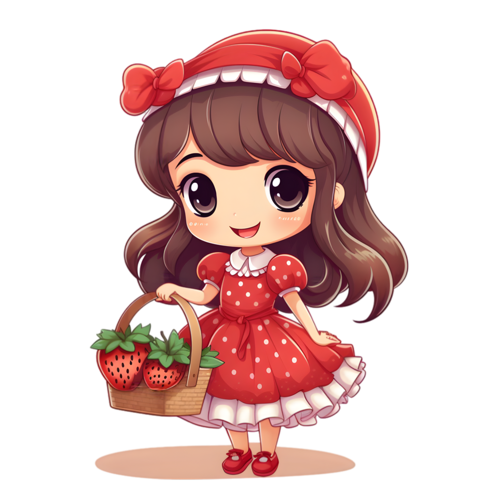 Isolated strawberry girl cute cartoon character simple background whimsical art playful environment cheerful viewpoint png