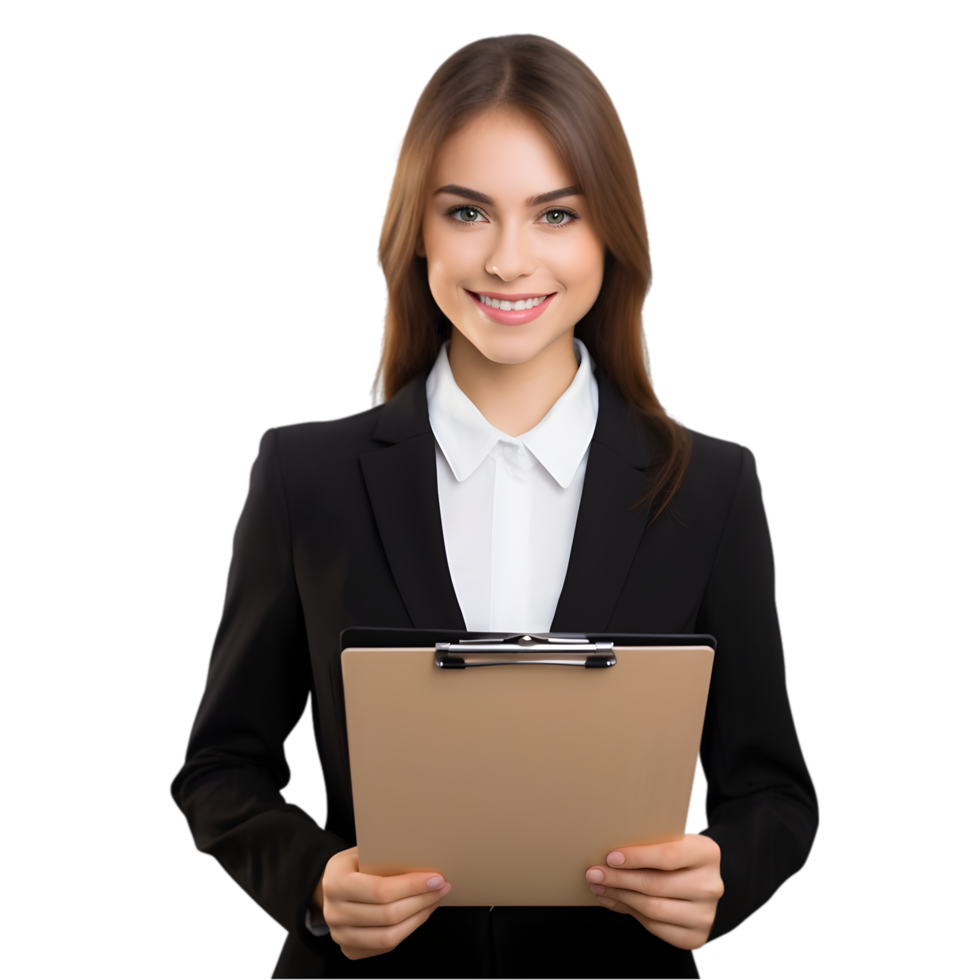 Isolated business professional holding clipboard against plain background studio setting motivational concept png