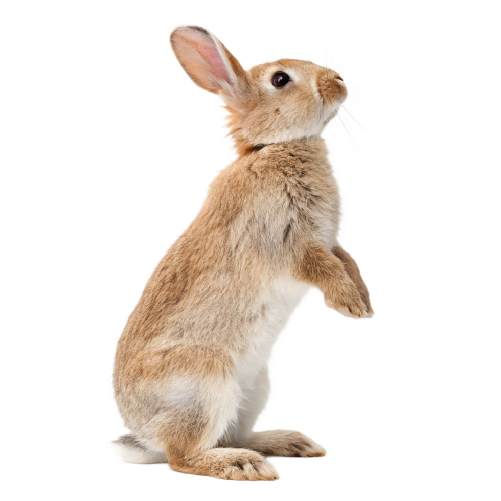 Playful rabbit standing on hind legs animal photography studio setting side view concept of curiosity png