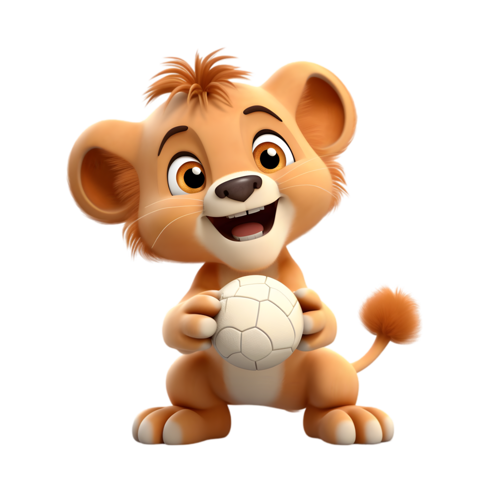 Isolated cartoon lion playing soccer in a cheerful background fun character playful environment kid-friendly concept png