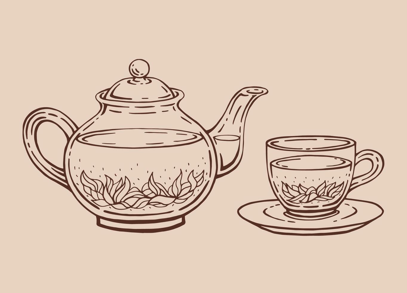 Tea set with glass teapot and cup, karkade. Hand drawn illustration in outline style. vector
