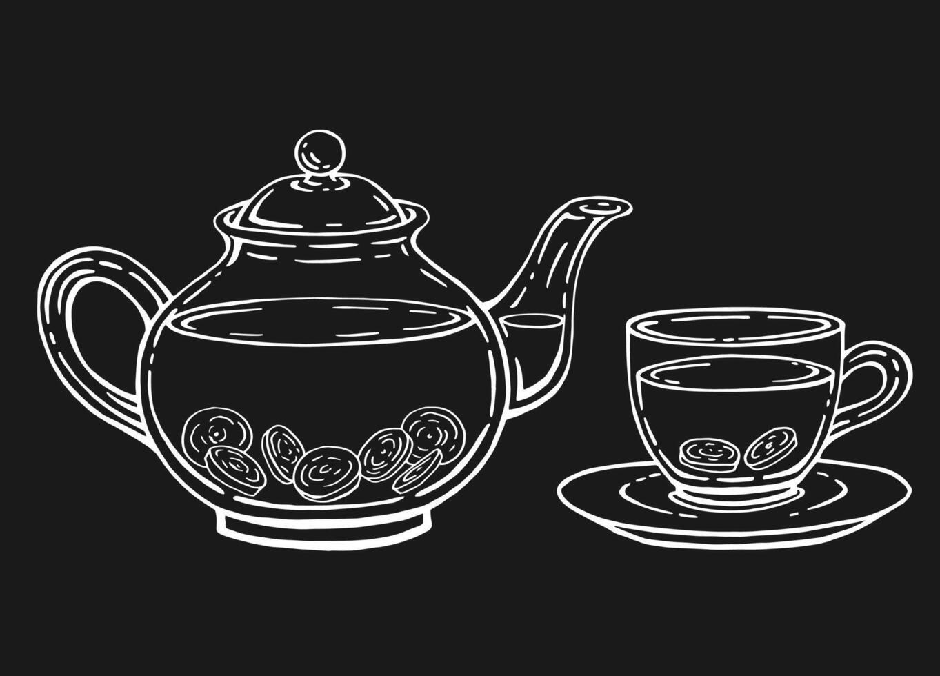 Tea set with healthy green tea, ginger. Teapot and cup. Hand drawn illustration in outline style. vector