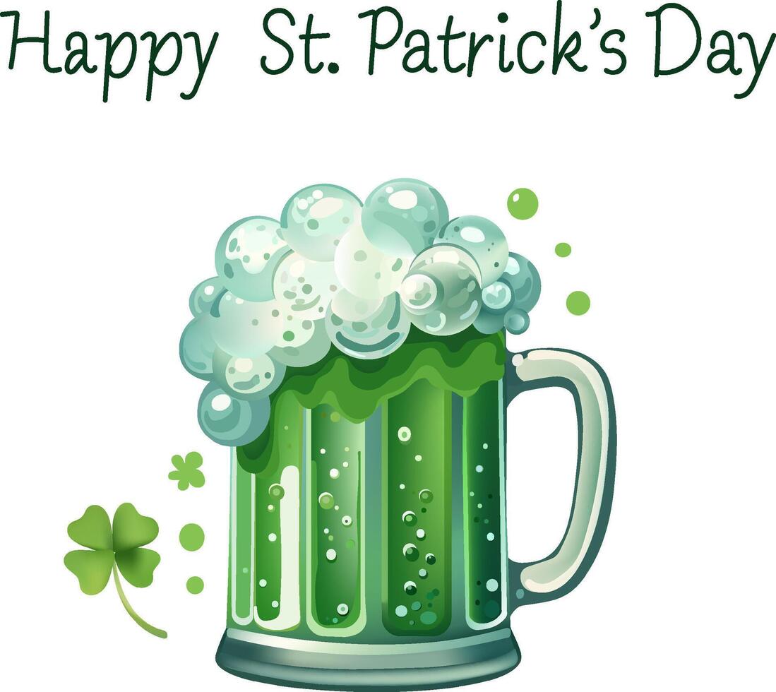 Happy St. Patrick's Day Concept. A classic illustration of a green beer mug overflowing with foam, in a clipart and hand-drawn, perfect for celebrating St. Patrick's Day with friends and family. vector