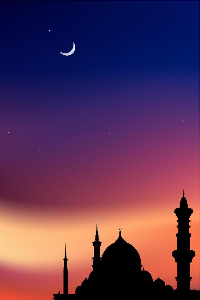 Sky at the last light of the setting sun. Silhouette of mosque dome. Crescent moon and stars in the distant sky for Muslims of Islam. Eid al-Adha, Eid al-Mubarak, Eid al-Fitr, Ramadan Kareem, Muharram vector
