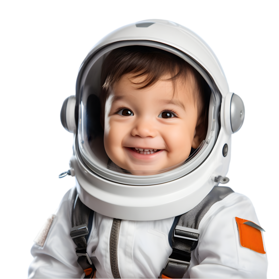 Child astronaut smiling in space suit indoor setting portrait photography cheerful mood close-up imagination and adventure png
