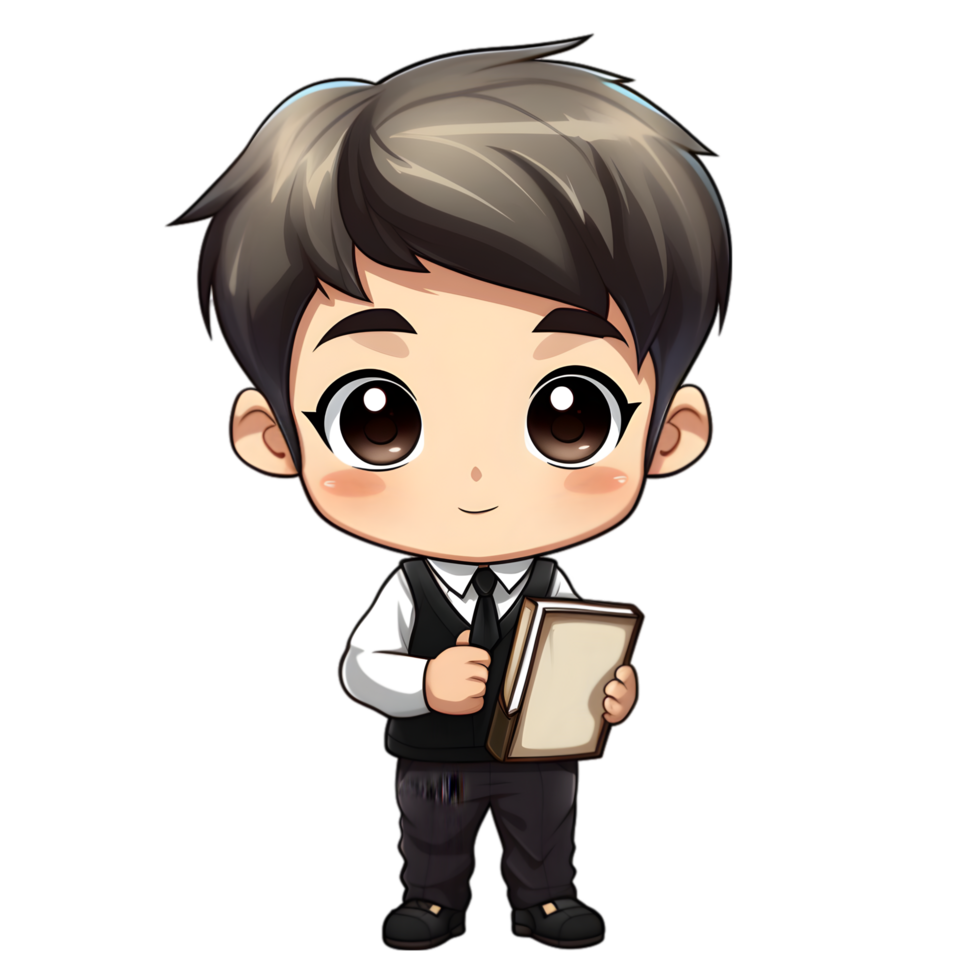 A shy chibi boy holding a book in school uniform classroom digital art cute close-up youthful expression png