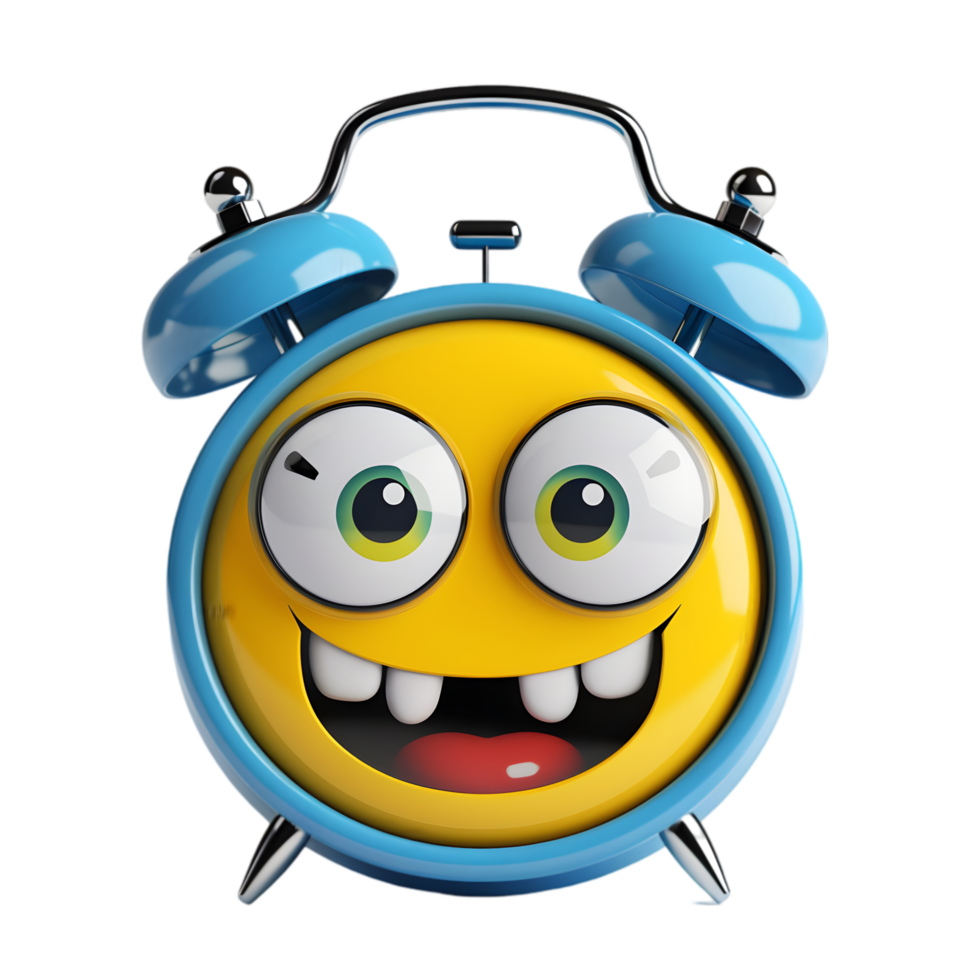 Cheerful cartoon alarm clock with big eyes fun home decor digital art whimsical style close-up view playful concept png
