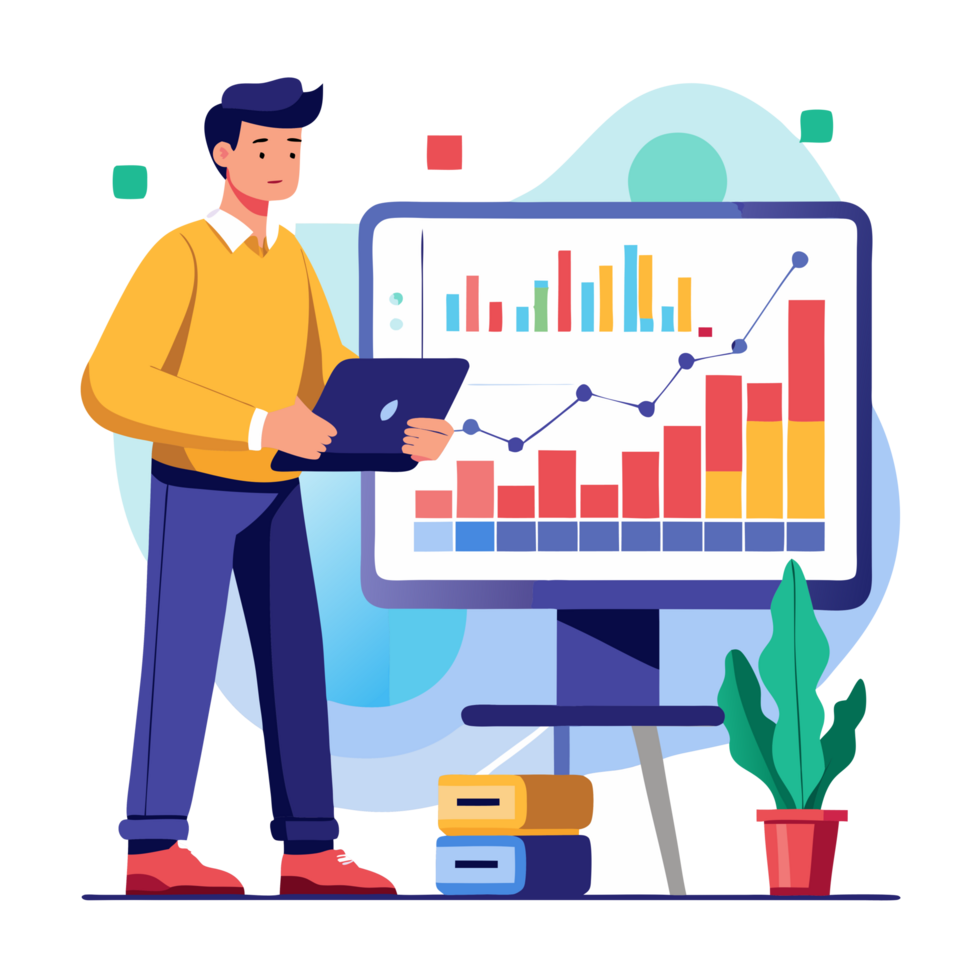 Stock market trader analyzing graphs on large screen office digital illustration modern workspace front view financial insights png