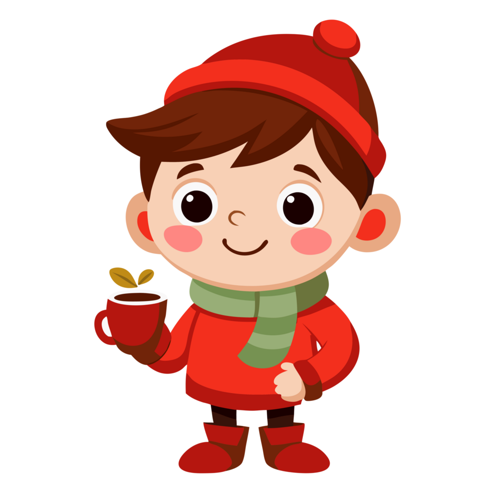 Cheerful cartoon boy with red scarf drinking hot beverage winter wonderland illustration cozy atmosphere playful perspective png