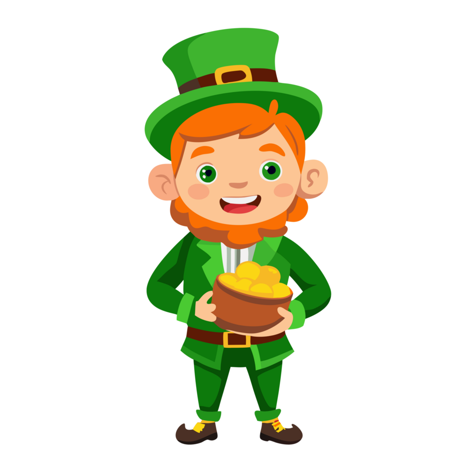 Lively leprechaun holding gold coins enchanted forest animated character whimsical close-up adventure and magic png