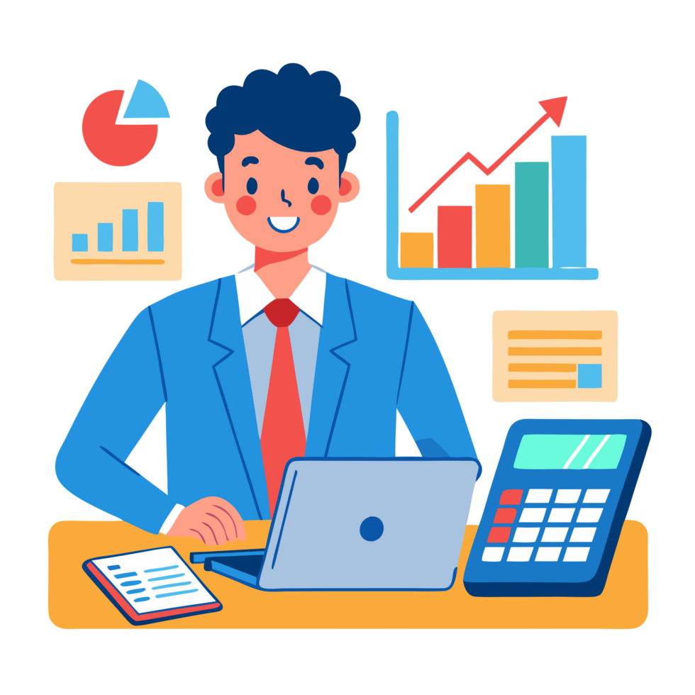 Financial analyst utilizing calculator and laptop for data analysis office setting digital illustration professional environment engaging viewpoint png