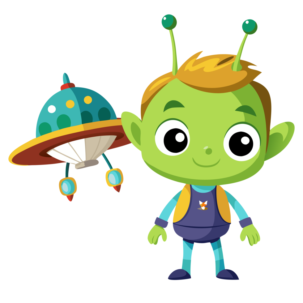 Adventurous cartoon alien boy with antennae and ufo outer space illustration colorful playful concept png