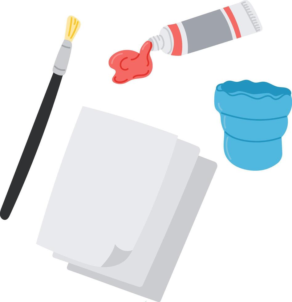 Minimalist illustration of a painting set with a brush, paint tube, paper, and water cup, ideal for art related designs, creative projects, and educational materials vector