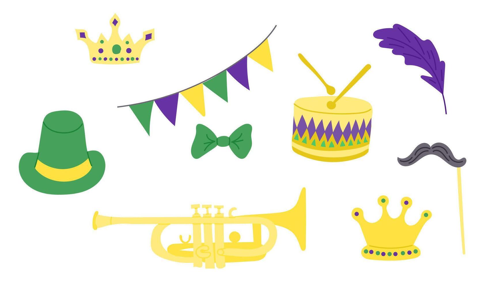 Mardi Gras carnival set with festive accessories in purple, green, and yellow, including a crown, hat, bow tie, trumpet, drum, feather, mustache, and bunting flags vector