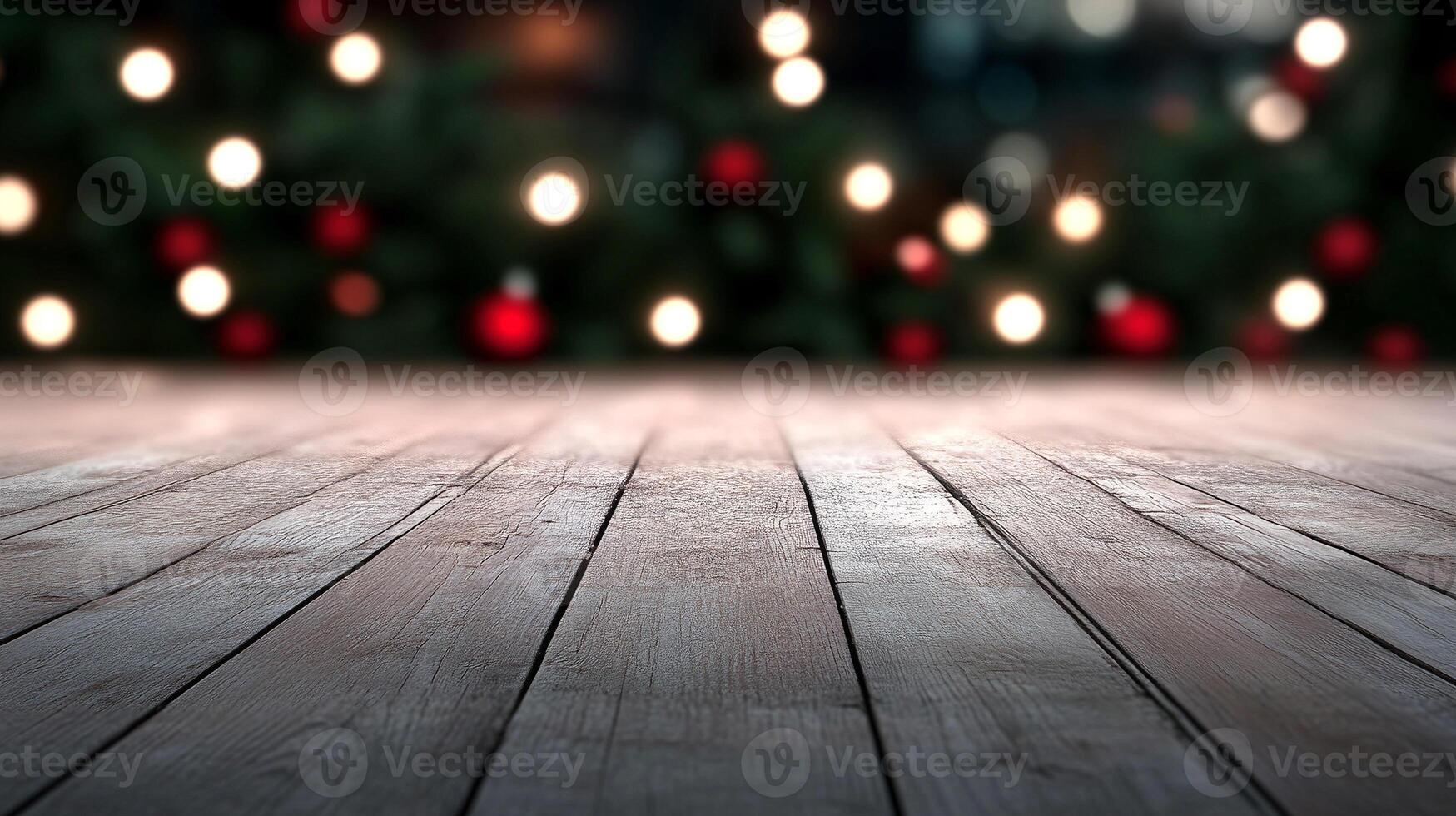 Christmas lights on a wooden floor with a blurred background photo