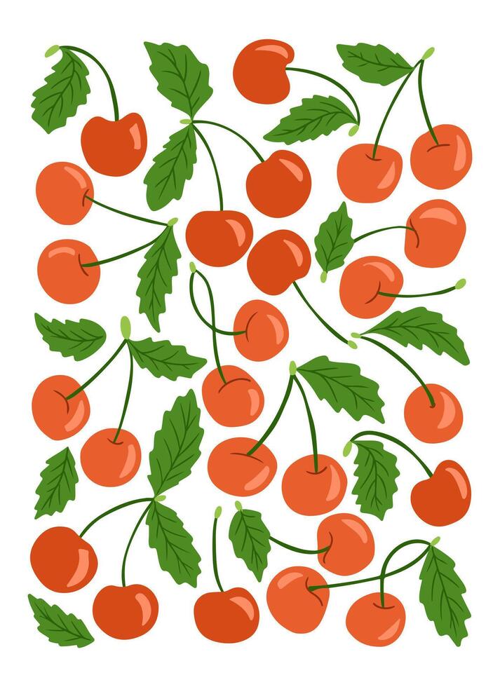 Interior poster with bright red cherries and green leaves on a white background, perfect for summer designs, fabric, wrapping paper, kitchen decor, and fresh fruit-themed projects vector