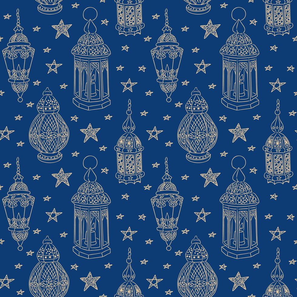 Seamless Ramadan pattern with hand drawn lanterns and stars on a deep blue background, perfect for festive designs, textiles, and Islamic holiday decorations vector