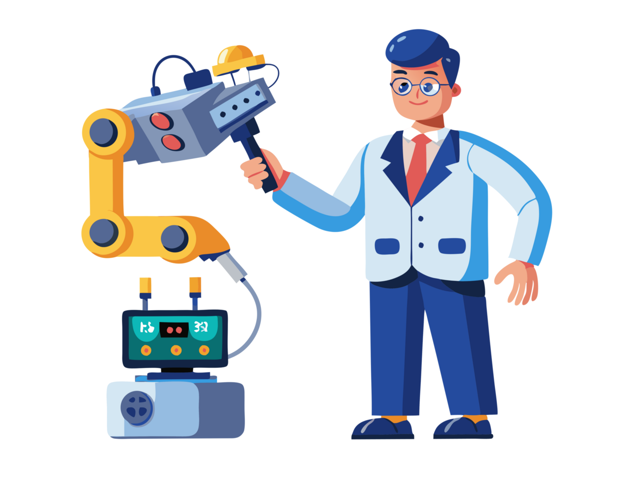 Robotics engineer mastering a robotic hand, innovation studio, digital illustration, bright and engaging environment, dynamic perspective, modern technology png