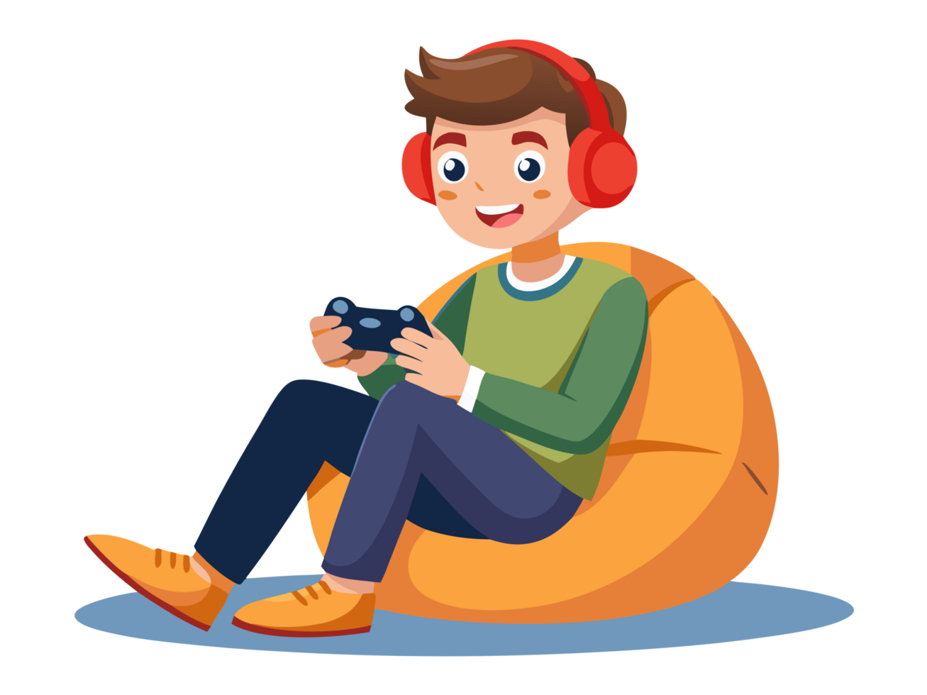Young gamer enjoys epic gameplay at home, digital illustration of cozy gaming environment, front view of fun experience png