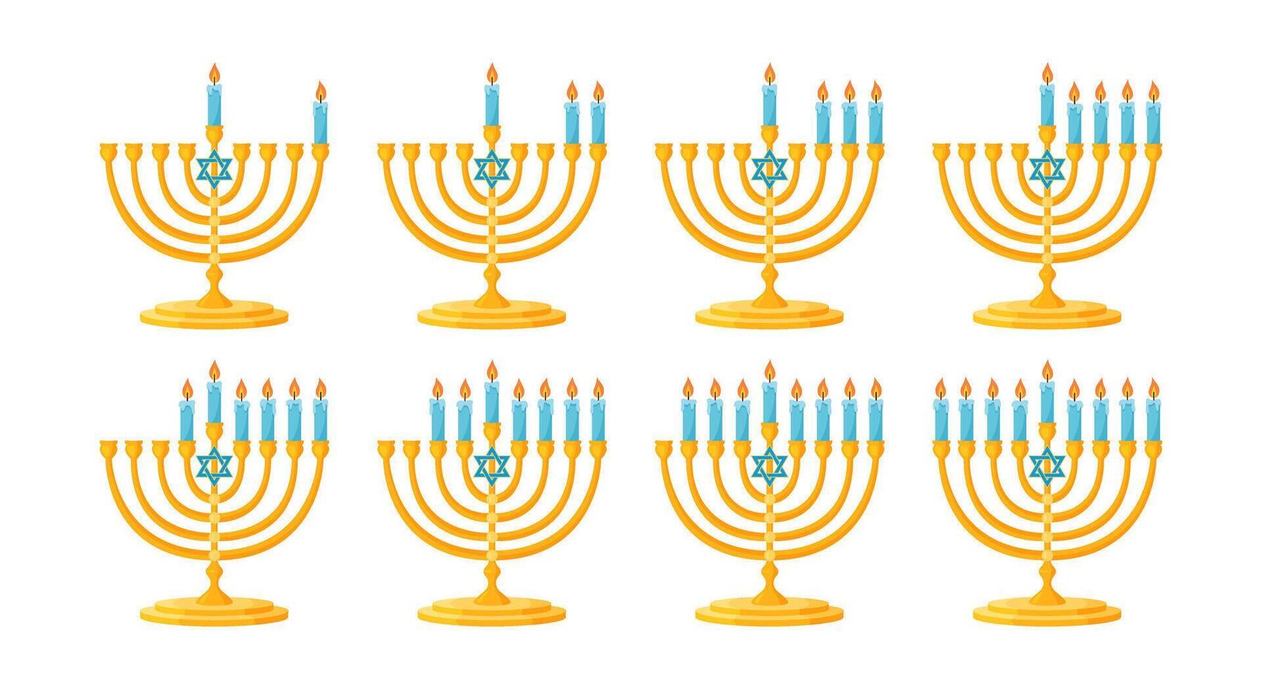 Menorah nine candles lighting order. Hand drawn trendy flat style isolated icon Jewish holiday of Hanukkah traditional nine branched candelabrum. Happy Hanukkah illustration vector