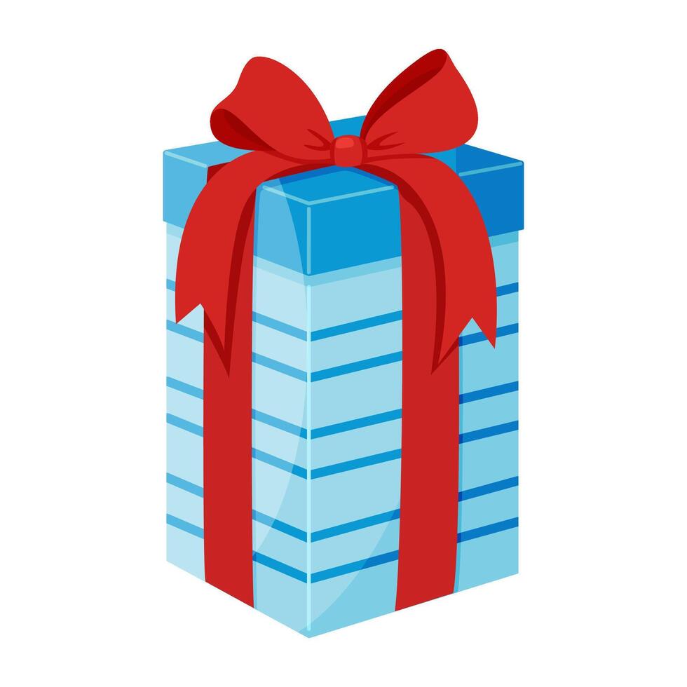 Blue Gift box with red ribbon bow. Hand drawn trendy flat style isolated icon Element design for giveaway, surprise, holiday icon vector