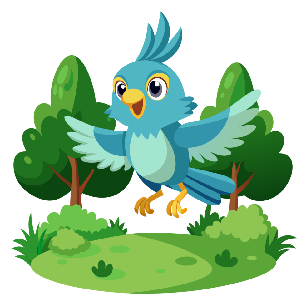 3d cartoon bird flying over green forest nature scene vibrant wildlife cheerful environment animated view png