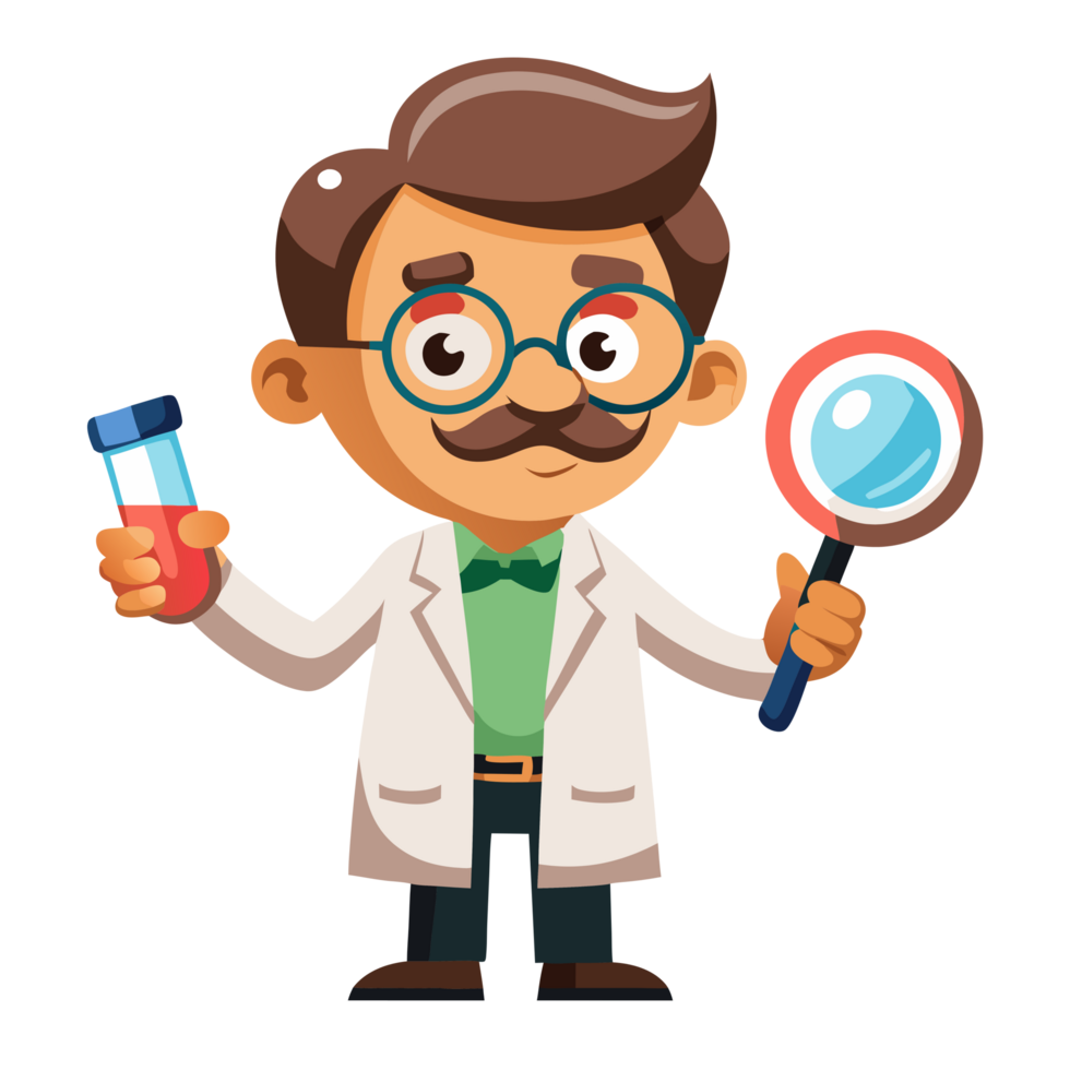 Cartoon scientist holding test tube and magnifying glass in laboratory engaging science education fun environment colorful viewpoint png