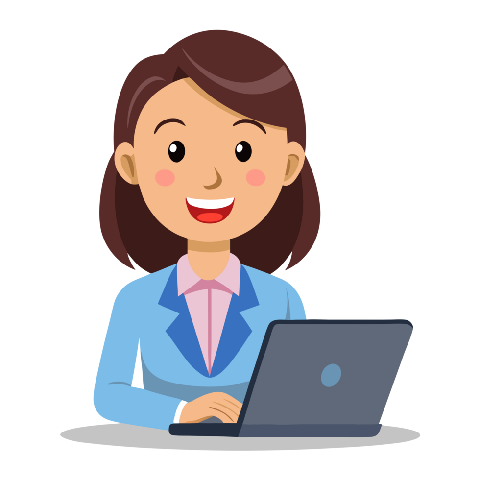 Smiling cartoon female office worker typing at desk office environment digital illustration cheerful atmosphere front view positive vibes png