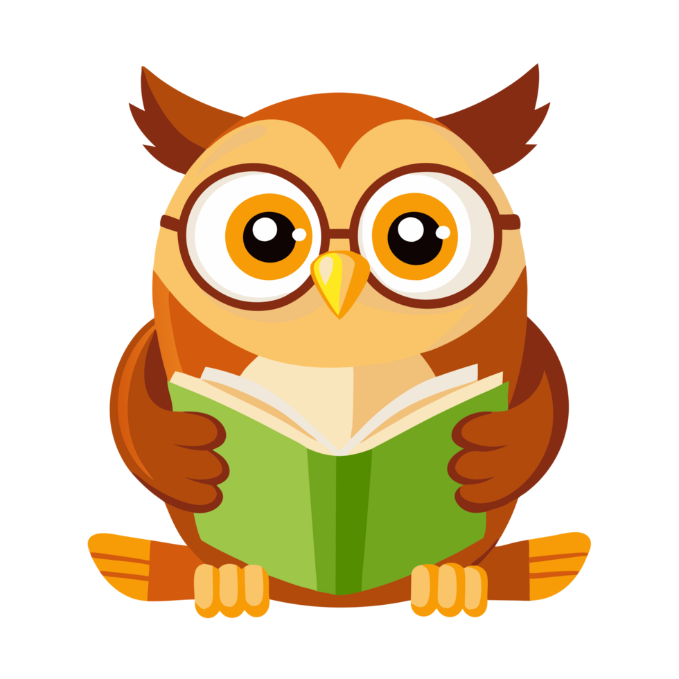 Charming 3d cartoon owl reading a book in a cozy library whimsical environment playful perspective png