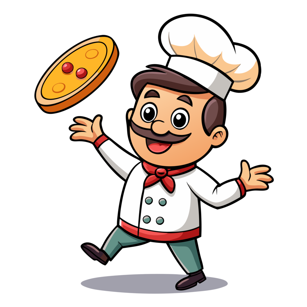 Cheerful cartoon chef tossing pizza dough in a kitchen setting 3d cartoon animation fun environment png