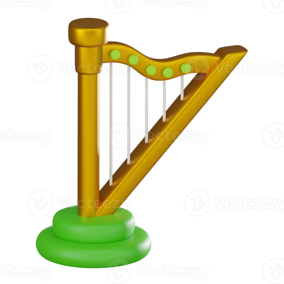 3D Render, Harp with Golden Celtic Design for Irish and Musical Themes, Icon Illustration png