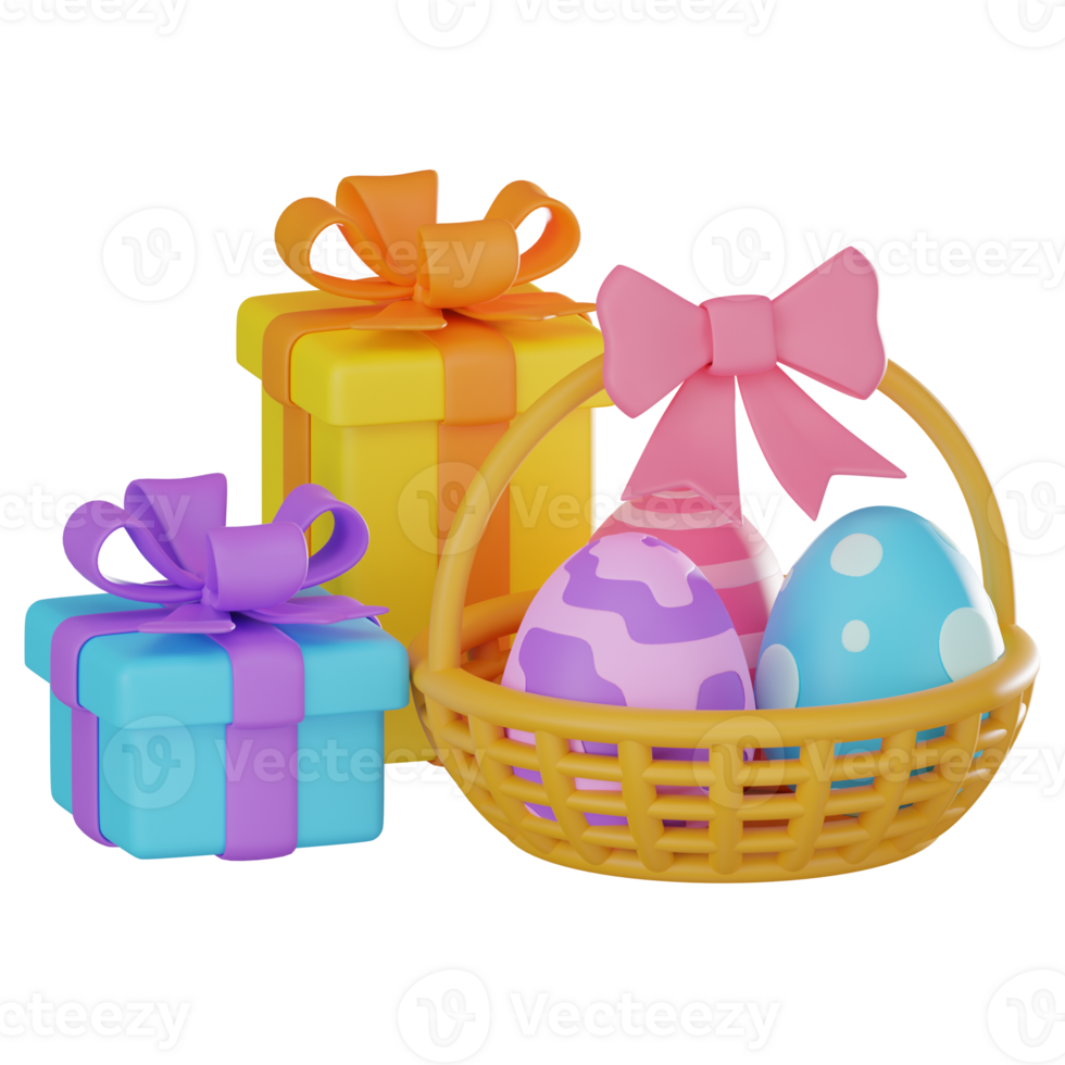 3D render, Easter Egg on Gift with Basket and Celebrations, Icon Illustration png